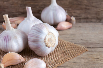 Close up,Fresh garlic on wooden background,copy space.