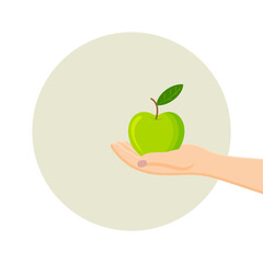 Green apple in hand, isolated on white background. Concept fruit. Vector flat illustration.