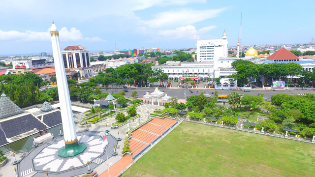 Aerial view of Tugu Pahlawan photographed using a drone in Surabaya, East Java, Indonesia
