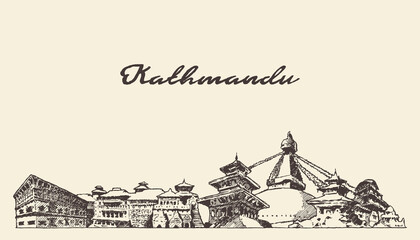 Kathmandu skyline, Nepal, hand drawn vector sketch - obrazy, fototapety, plakaty