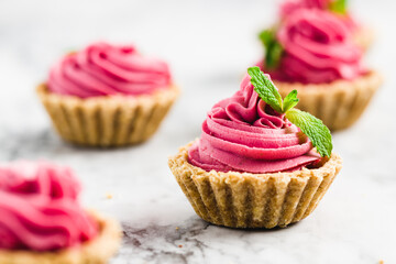 Mini Pink Cheesecake with swirl cream and green mint garnish-horizontal