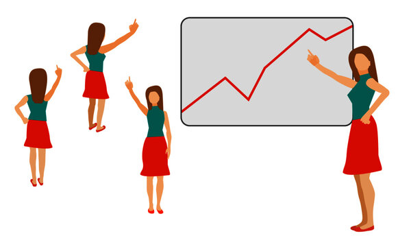 Vector Illustration Of Business Woman With Graph. Multiple Angles - Fully Editable Vector