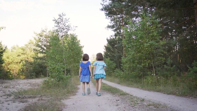 two cute girls are walking along the forest road and talking