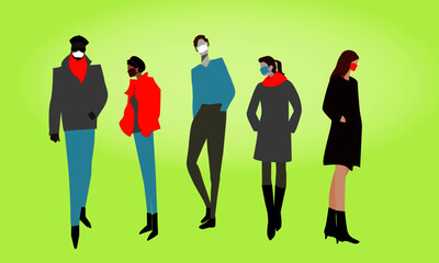 Group of people wearing masks for virus protection. Winter coats and scarves with masks. Vector Illustration	
