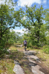 Obraz premium Man riding a mountain bike through the forest at Torrance Barrens in Muskoka