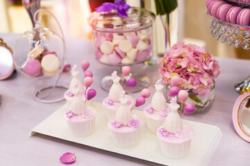 Wedding decoration with colorful cakes.