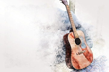 Abstract colorful acoustic guitar in the foreground on Watercolor painting background and Digital illustration brush to art. - obrazy, fototapety, plakaty