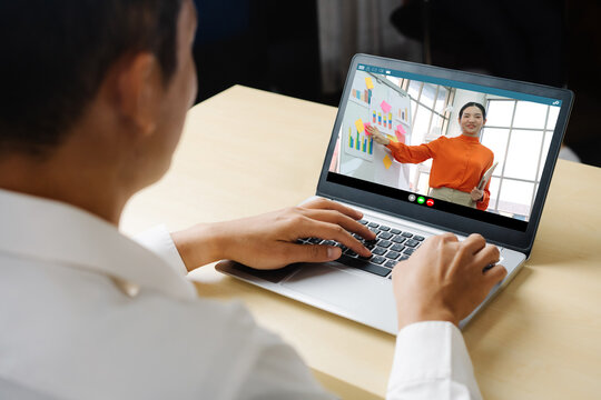 E-learning and Online Business Presentation Meeting Concept. Digital training course for people to do remote learning from anywhere.