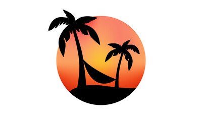 Vector illustration of black silhouette of two palm trees and a hammock on an island with a sunset in an orange and yellow. Design has an icon or sticker effect and is isolated on white background.