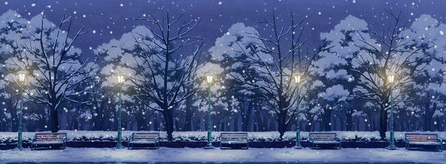 Park Anime Background - Winter Night, Falling Snow and Light on.