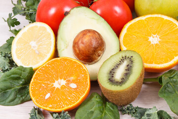 Ripe fruits with vegetables as healthy nutritious snack containing vitamins