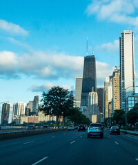 view of Chicago's Michigan Avenue skyline from Lake Shore Drive