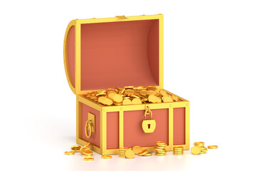 3d render treasure chest with coins on white background. © Nataliya Kalabina