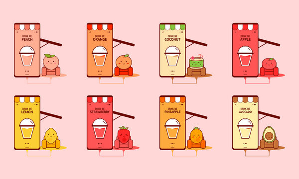 Fruit on mobile phone. Beverage online. Happy fruit day. Power up with fruit. Refreshing drink collection. Cute fruit style. Illustration vector.
