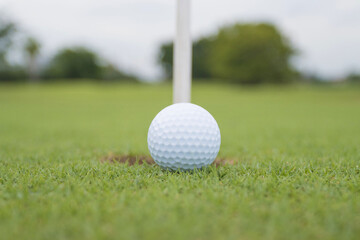 Fototapeta na wymiar Golf ball on grass in golf course infront of the green