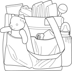 Diapers bag with baby essentials: tetra diaper, paper diapers, feeding bottle, rattle, soother, teddy bear and other stuff
