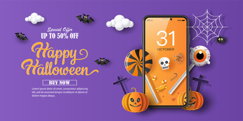 Halloween sale promotion banner with a discount offer on a special occasion, give voucher, banner, poster or background, paper art and craft style, online shopping concept.
