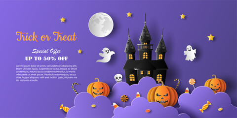 Halloween sale promotion banner with a discount offer on a special occasion, give voucher, banner, poster or background, paper art and craft style, flat-style vector illustration.