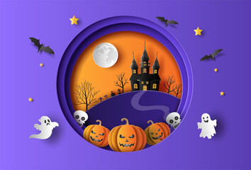 Paper art style of pumpkins with ghosts, spooky night background, Halloween concept.