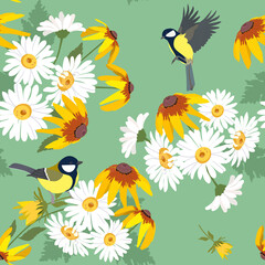 Seamless vector illustration with chamomile, rudbeckia and birds