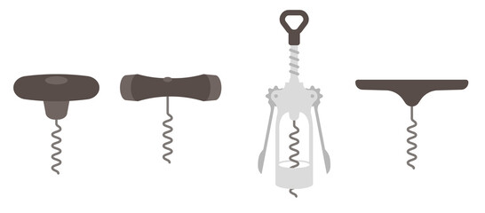 Corkscrew tool. Kitchenware accessory collection. Bottle corks opener variability. Flat vector.