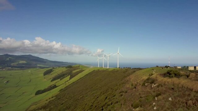 Aerial Of Renewable Energy Wind Mill Farm At Serra Do Cume, Terceira Azores
