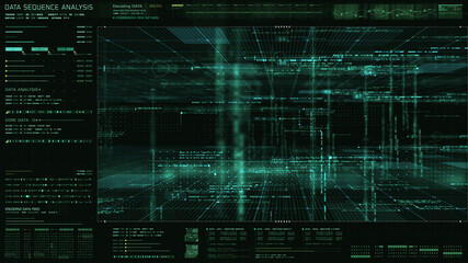 Futuristic holographic data sequence simulation of artificial neural networks intelligence analysis head up display background