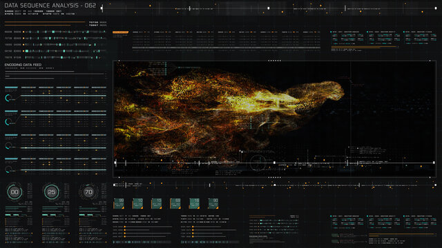 Futuristic holographic data sequence simulation of artificial neural networks intelligence analysis head up display background