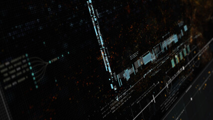 Futuristic holographic data sequence simulation of artificial neural networks intelligence analysis head up display background