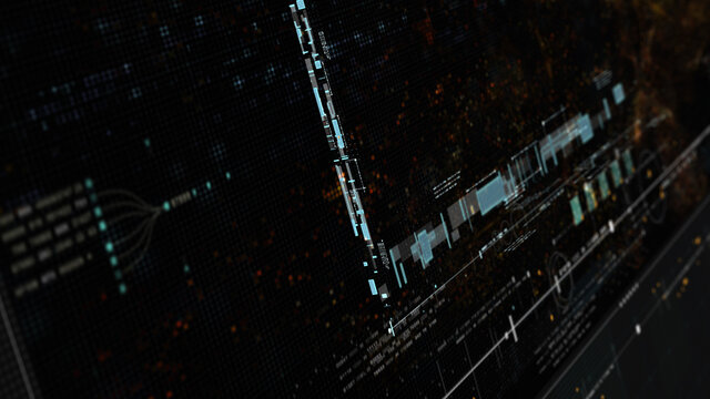 Futuristic holographic data sequence simulation of artificial neural networks intelligence analysis head up display background - Powered by Adobe