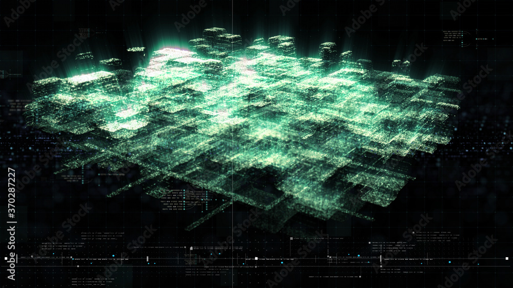 Poster Futuristic holographic data sequence simulation of artificial neural networks intelligence analysis head up display background
