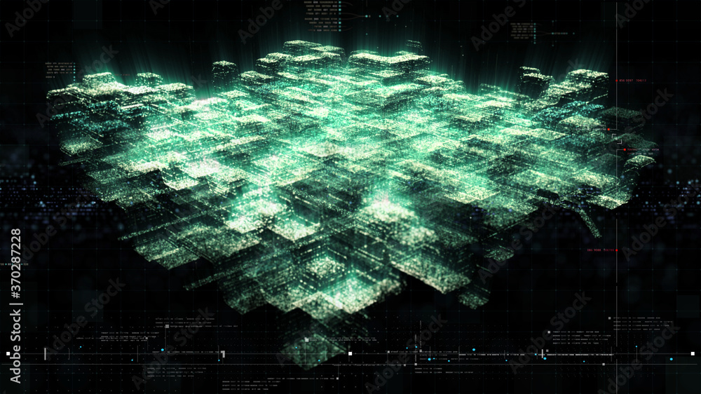Poster Futuristic holographic data sequence simulation of artificial neural networks intelligence analysis head up display background