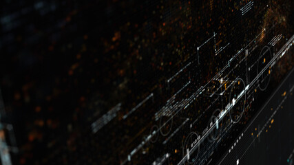 Futuristic holographic data sequence simulation of artificial neural networks intelligence analysis head up display background