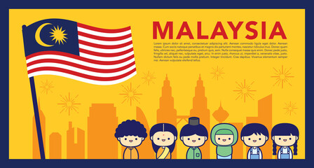 Malaysia National / Independence Day illustration with 3 race cute character Malay, Indian & Chinese kids. 31 August, Merdeka.