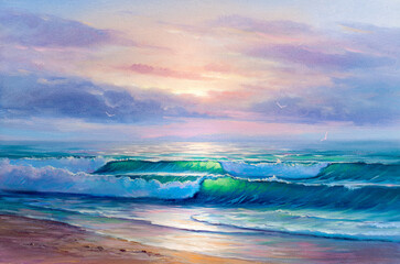 Original oil painting of sea and beach on canvas.Rich golden Sunset over sea.