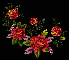Red roses beautiful bouquet embroidery element for design-vector.