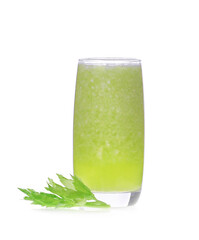 Green celery smoothie in glass isolated on white