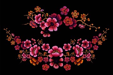 Flower Design Embroidery on black  background vector illustration