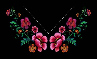 Flower   Embroidery Design for neckline. Floral design for fashion blouses and t-shirts. Vector illustration.