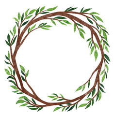 Floral willow wreath, watercolor greenery frame clipart stock illustration. Boho forest wedding invitation clip art, rustic style design.