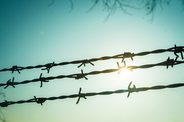 Background of barbed wire against the sky.