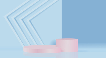 Sweet pink 3d stage display vector illustration for cosmetic product on blue background.