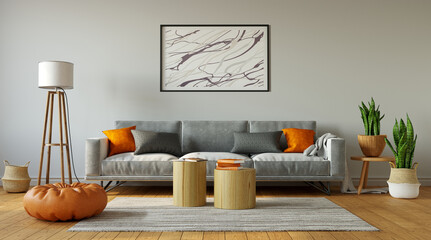 Fashionable living room with gray sofa and abstract painting on the wall, 3d rendering 