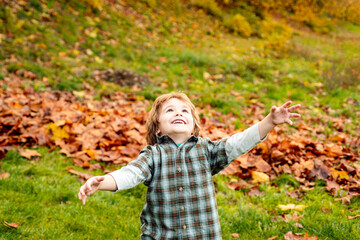 Autumn child portrait. Happy child throwing the fallen leaves up, playing in the autumn park. Kids walking in autumn park. Cute boy playing with maple leaves outdoors. Toddler wears Autumn.