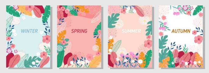 Vector set four seasons, winter, spring, summer, autumn, flowers and leaf design template, banner, cover, templates, postcard.