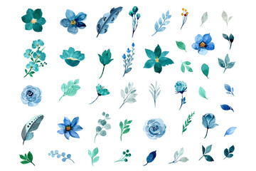 green and blue floral element collection with watercolor