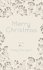 Vector Merry Christmas vertical banner template on sand-colored background. Winter sale fair pattern. New Year seasonal celebration greeting card. Pinecone Xmas branches with frame leaves isolated fir