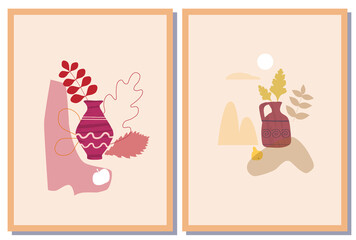 Set Autumn trendy card collage. Minimal shapes vase colour pastel flora