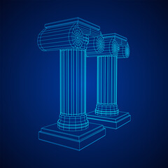 Greek ionic column. Ancient pillars roman antique architecture construction decoration. Wireframe low poly mesh vector illustration.