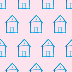 Seamless pattern with blue house icon on pink backboard. Cartoon style baby illustration. Architecture, construction, village, homepage. Creative kids city texture for fabric, wrapping or textile